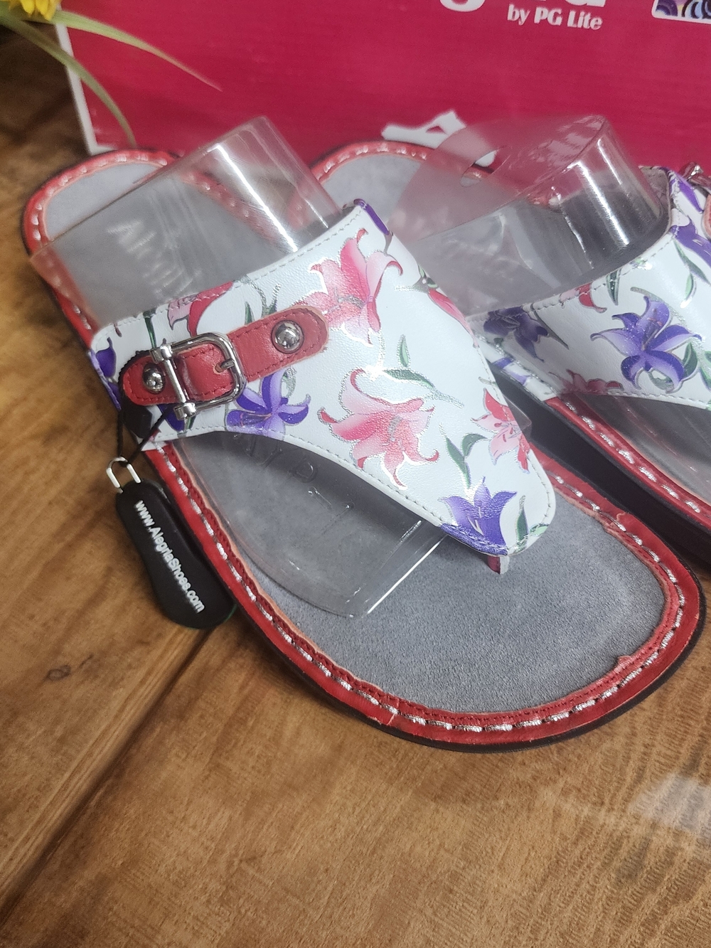 Alegria Floral Leather Thong Sandals - White with Pink & Purple Flowers - Picture 2 of 5